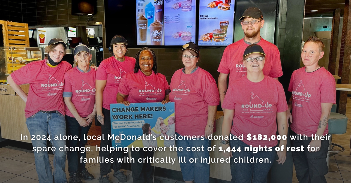 McDonald's crew members holding Round-Up for RMHC sign.
